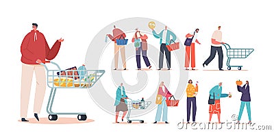 Set Of Male And Female Characters Shopping. Young And Old Men Or Women Buying Grocery And Food In Shop Vector Illustration