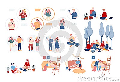 Set of Male and Female Characters Using Gadgets, Men and Women Students Reading Books Prepare for Examination, Relaxing Vector Illustration