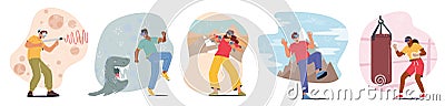 Set Male and Female Characters in VR Goggles Having Fun in Virtual Reality. Men and Women Shoot Gun, Fight with Monsters Vector Illustration