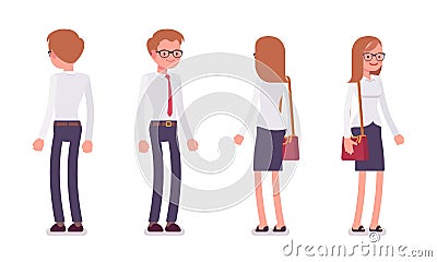 Set of male and female clerk standing, rear, front view Vector Illustration