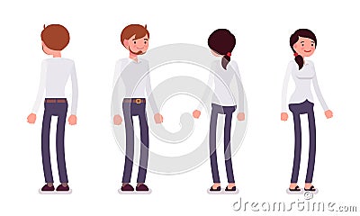 Set of male and female clerk standing, rear, front view Vector Illustration