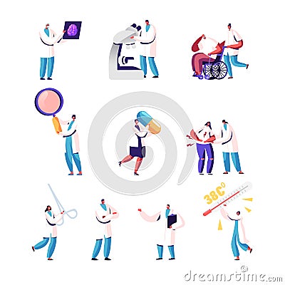 Set of Male and Female Doctors and Patients, Tiny Medic Characters Holding Huge Instruments, Magnifying Glass Vector Illustration