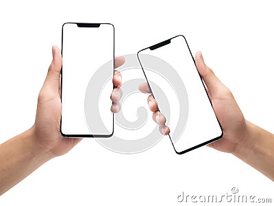 Set of male hand holding the black smartphone with blank screen isolated on white background with clipping path. Stock Photo