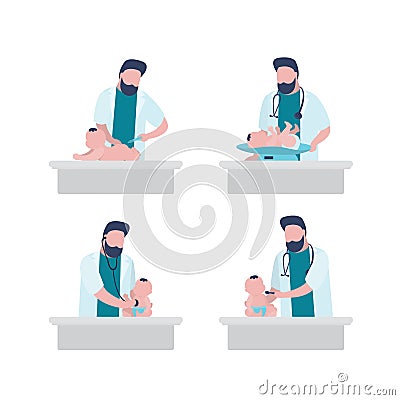 Set of male pediatrician and baby, isolated on white background. Handsome doctor or physician man in white coat Vector Illustration