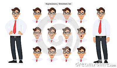 Set of male`s different facial expressions. Man emoji character with various face reaction/emotion, in formal and eyeglasses. Vector Illustration