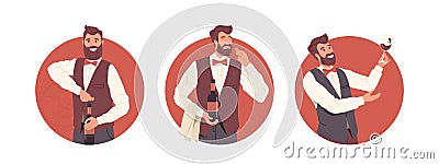 Set of male sommelier restaurant expert characters isolated avatar, wine stewards round icons Vector Illustration