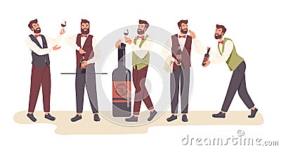 Set of male sommelier or stewards expert at wine degustation party standing isolated on white Vector Illustration