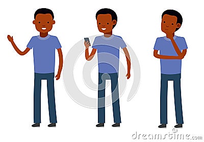 Set of male, standing poses, talking on phone, having a break, white background. Vector Illustration