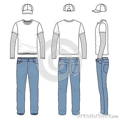 Set of male tee, jeans, baseball cap. Cartoon Illustration