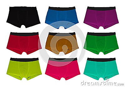 Set of male underwear. Set multicolor of male underwear. Pants boxers isolated on white background. Stock Photo