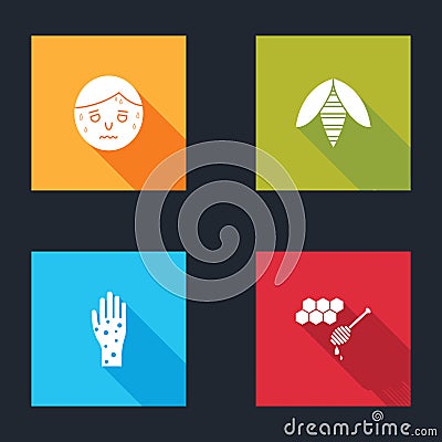 Set Man with excessive sweating, Bee, Hand psoriasis or eczema and Honeycomb honey dipper icon. Vector Vector Illustration