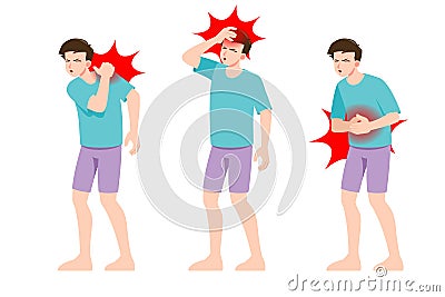 Set of man feel pain in different parts of body. People in migraine neck and headache, backache and stomach ache painful zones. Pa Vector Illustration