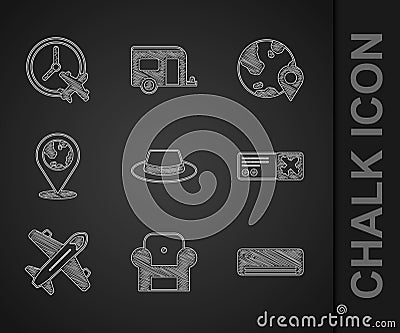 Set Man hat with ribbon, Armchair, Air conditioner, Airline ticket, Plane, Location the globe, and Clock airplane icon Vector Illustration