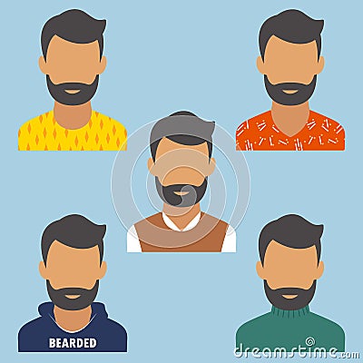 Set of man portrait. Beard. Various and modern avatar. Flat design vector illustration. Vector Illustration