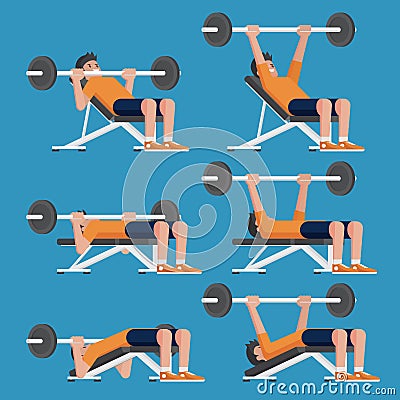 Set of man in weight training chest workout poses. Vector Illustration