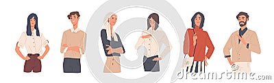 Set of man and woman with arrogant face expression vector flat illustration. Collection of colorful annoying selfish Vector Illustration
