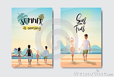 Set man woman couple holding hands looking sunrise rear view summer vacation beach badge Design Label. lettering for Vector Illustration