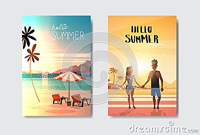 Set man woman couple holding hands looking sunset rear view umbrella loungers beach badge Design Label. vacation Vector Illustration