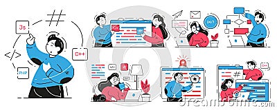 Set man and woman professional programmer or software engineer working on computer vector Vector Illustration