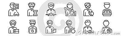 set of 12 man worker avatar icons. outline thin line icons such as basketball player, nutritionist, programmer, biochemist, pilot Vector Illustration