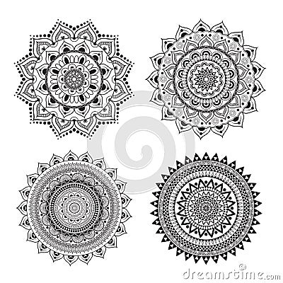 Set of mandala decorative outline with four various shape. Vector Illustration