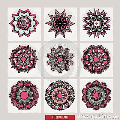 Set of mandalas. Decorative round ornaments. Anti-stress therapy patterns. Weave design elements. Yoga logos Vector Illustration