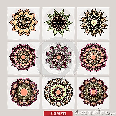 Set of mandalas. Decorative round ornaments. Anti-stress therapy patterns. Weave design elements. Yoga logos Vector Illustration