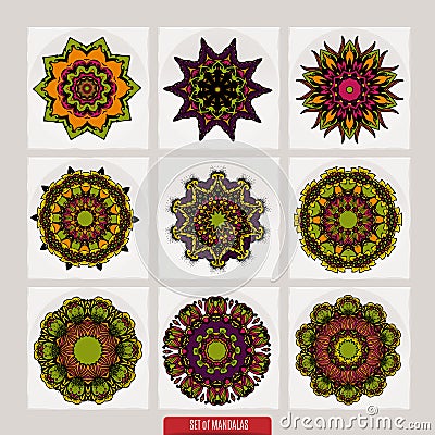 Set of mandalas. Decorative round ornaments. Anti-stress therapy patterns. Weave design elements. Yoga logos Vector Illustration