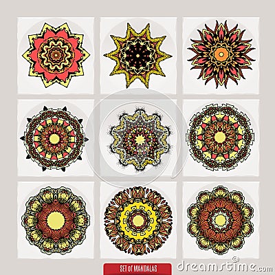 Set of mandalas. Decorative round ornaments. Anti-stress therapy patterns. Weave design elements. Yoga logos Vector Illustration