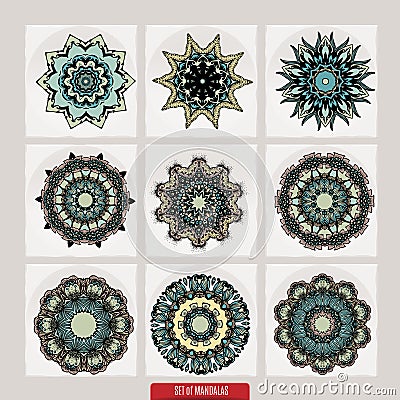 Set of mandalas. Decorative round ornaments. Anti-stress therapy patterns. Weave design elements. Yoga logos Vector Illustration
