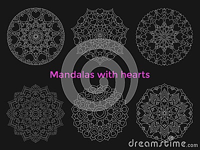 Set mandalas with hearts. Collection symmetric circular Vector Illustration