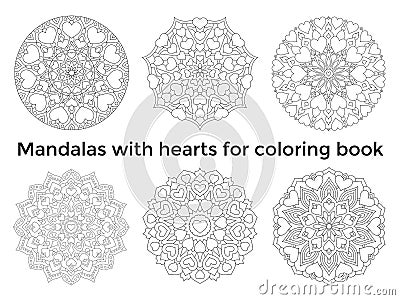 Set mandalas with hearts. Collection symmetric circular ornaments Vector Illustration