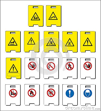 set of mandatory sign, hazard sign, prohibited sign, occupational safety and health signs, warning signboard, fire emergency sign Vector Illustration