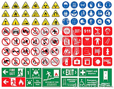 Set of mandatory sign, hazard sign, prohibited sign, fire emergency sign. Stock Photo