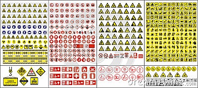 Set of mandatory sign, hazard sign, prohibited sign, occupational safety and health signs, warning signboard, fire emergency sign. Vector Illustration