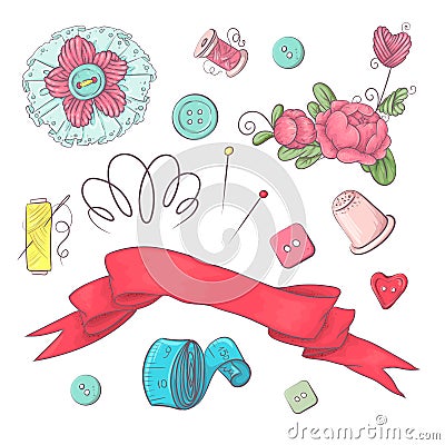 Set of mannequin sewing accessories. Hand drawing. Vector illustration Vector Illustration