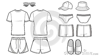 Set of Mans clothes sketches for a beach holidays Vector Illustration