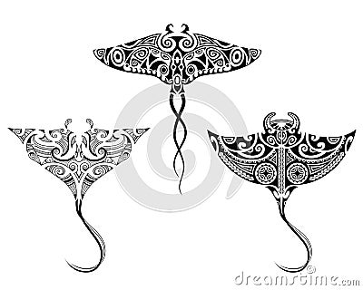 Set of Manta ray in Maori style. Tattoo sketch tribal ethno style. Vector Illustration