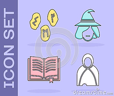 Set Mantle, cloak, cape, Magic runes, Ancient magic book and Witch icon. Vector Vector Illustration