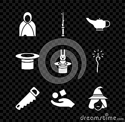 Set Mantle, cloak, cape, Magic wand, lamp or Aladdin, Hand saw, Cube levitating above hand, Witch, Magician hat and Vector Illustration