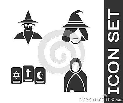 Set Mantle, cloak, cape, Wizard warlock, Three tarot cards and Witch icon. Vector Vector Illustration