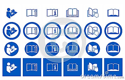 Set of Manual book symbols with hand. Read before use. Refer to instruction manual booklet mandatory signs Vector Illustration