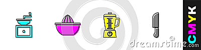 Set Manual coffee grinder, Citrus fruit juicer, Blender and Knife icon. Vector Vector Illustration