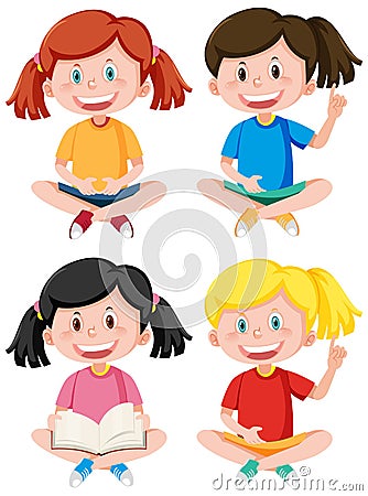 Set of many happy girls sitting Vector Illustration