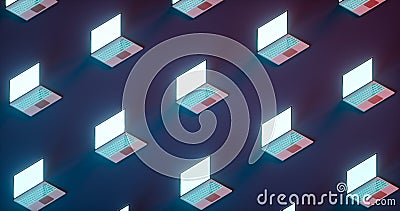 Set of many open gaming laptop on light blue and red background. 3d render Stock Photo