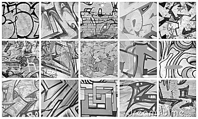 A set of many small fragments of tagged walls. Graffiti vandalism abstract background collage in monochrome Stock Photo