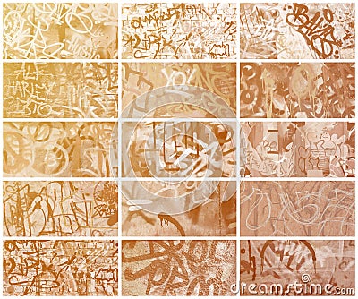 A set of many small fragments of tagged walls. Graffiti vandalism abstract background collage in vintage tones Stock Photo