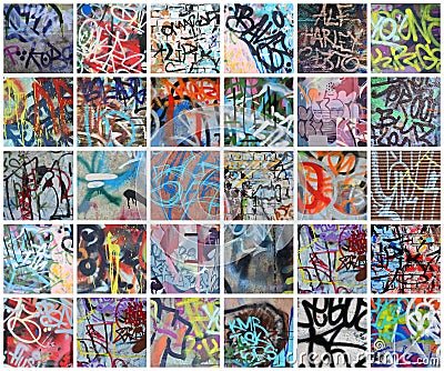 A set of many small fragments of tagged walls. Graffiti vandalism abstract background collage Stock Photo