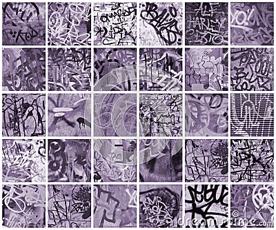 A set of many small fragments of tagged walls. Graffiti vandalism abstract background collage Stock Photo