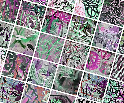 A set of many small fragments of tagged walls. Graffiti vandalism abstract background collage Stock Photo